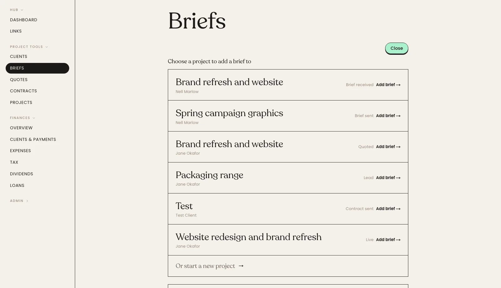 The Briefs page with the project list open under New brief, each project showing its client, its stage and an Add brief link