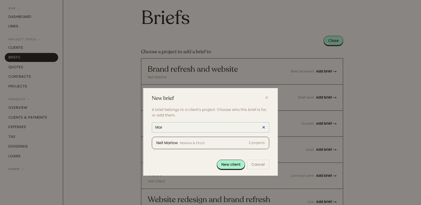 The New brief dialog with a search box and a list of clients