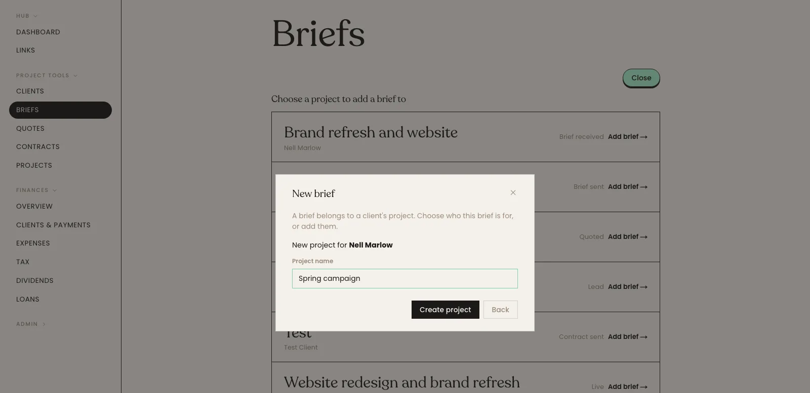 The New brief dialog naming a new project for the chosen client