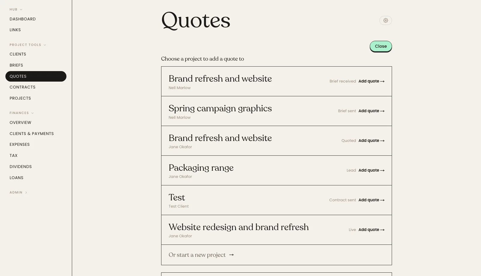 The Quotes page with the project list open under New quote, each project showing its client, its stage and an Add quote link