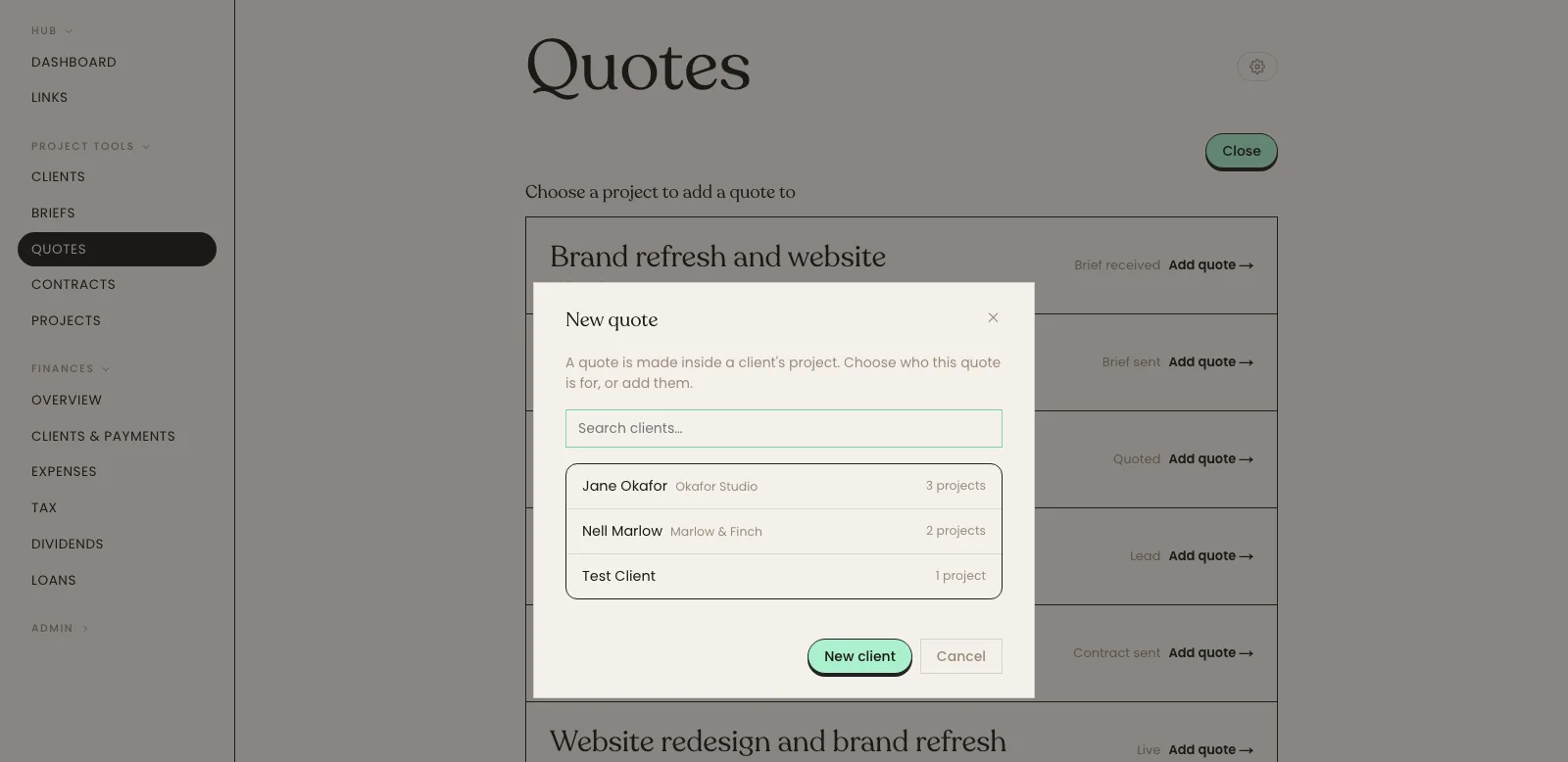 The New quote dialog with a client search box and a list of clients to choose from